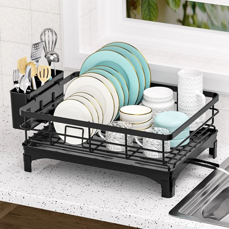 Rejilla de drenaje de acero al carbono Escurridor de platos multifuncional con pequeño cesto para cubiertos Organizador estable de utensilios - Negro