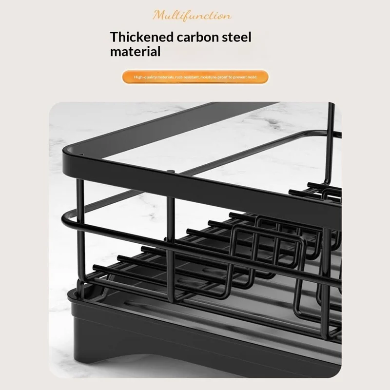 Rejilla de drenaje de acero al carbono Escurridor de platos multifuncional con pequeño cesto para cubiertos Organizador estable de utensilios - Negro