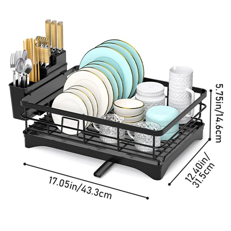 Carbon Steel Kitchen Dish Drainer Countertop Drain Rack Multi-Functional Bowl Holder with Large Utensil Caddy for Home Sink - Black