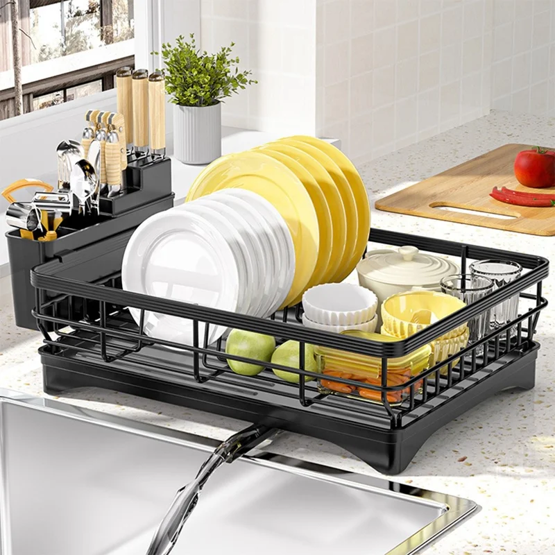 Carbon Steel Kitchen Dish Drainer Countertop Drain Rack Multi-Functional Bowl Holder with Large Utensil Caddy for Home Sink - Black