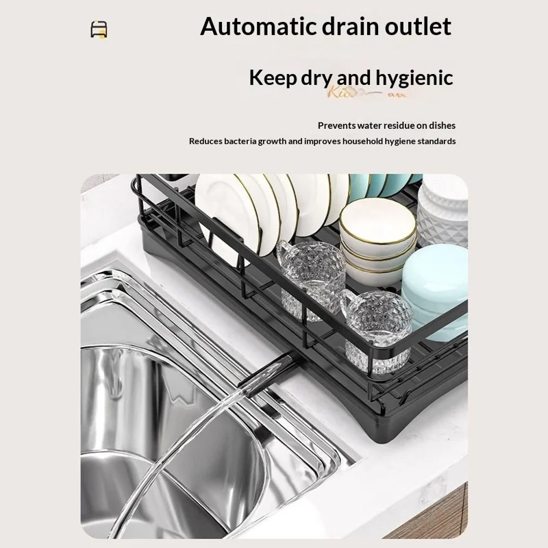 Carbon Steel Kitchen Dish Drainer Countertop Drain Rack Multi-Functional Bowl Holder with Large Utensil Caddy for Home Sink - Black