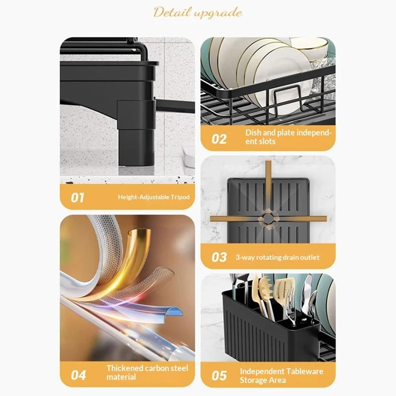 Carbon Steel Kitchen Dish Drainer Countertop Drain Rack Multi-Functional Bowl Holder with Large Utensil Caddy for Home Sink - Black