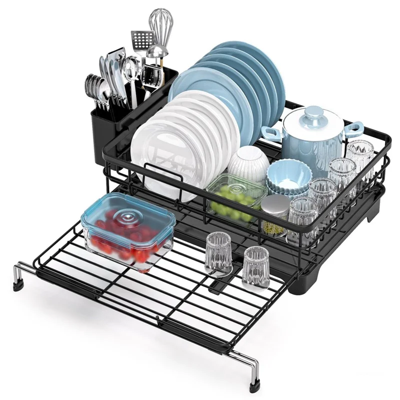 Carbon Steel Retractable Kitchen Dish Drainer Countertop Drain Rack Pull-Out Bowl Plate Organizer with Small Utensil Rack - Black