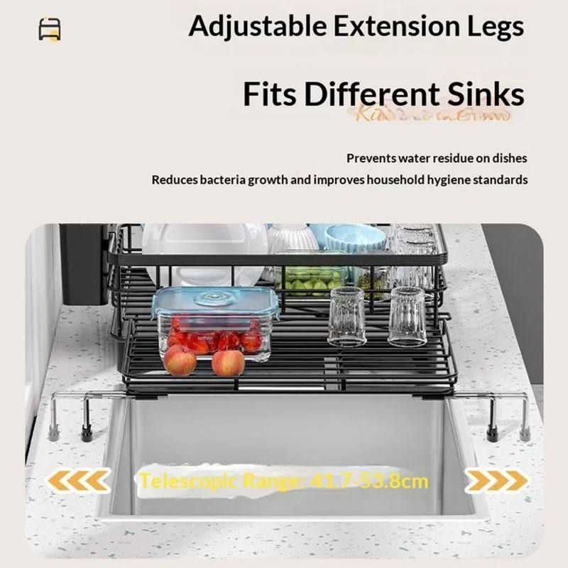 Carbon Steel Retractable Kitchen Dish Drainer Countertop Drain Rack Pull-Out Bowl Plate Organizer with Small Utensil Rack - Black