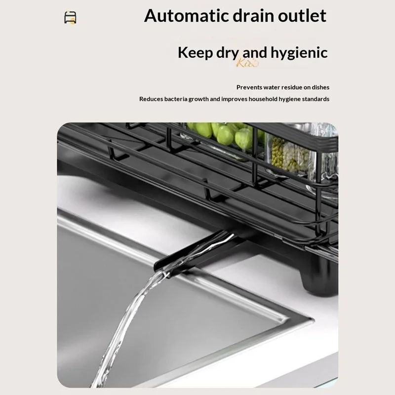 Carbon Steel Retractable Kitchen Dish Drainer Countertop Drain Rack Pull-Out Bowl Plate Organizer with Small Utensil Rack - Black