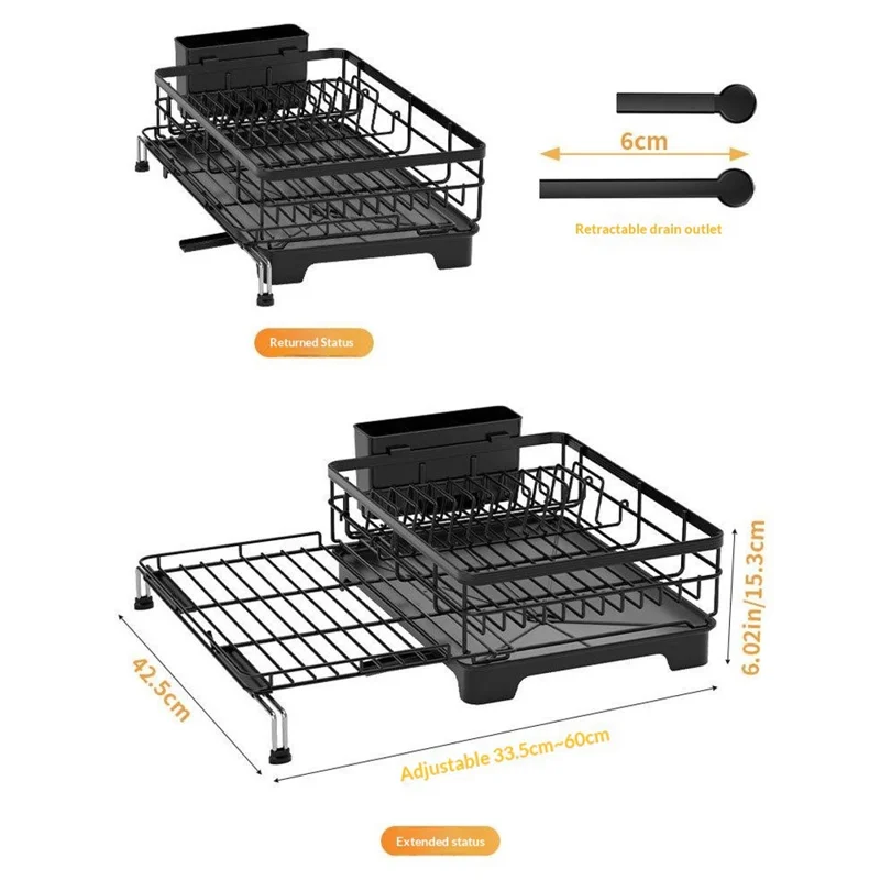 Carbon Steel Retractable Kitchen Dish Drainer Countertop Drain Rack Pull-Out Bowl Plate Organizer with Small Utensil Rack - Black