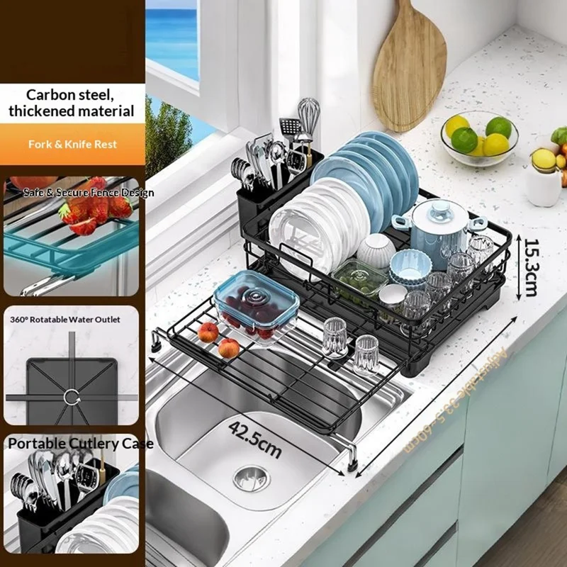 Carbon Steel Retractable Kitchen Dish Drainer Countertop Drain Rack Pull-Out Bowl Plate Organizer with Small Utensil Rack - Black