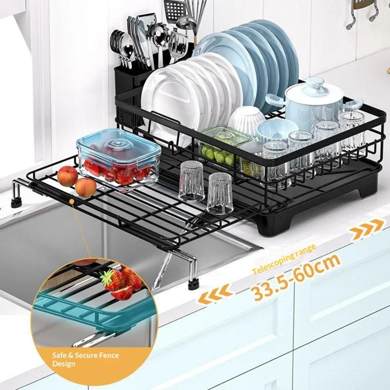 Carbon Steel Retractable Kitchen Dish Drainer Countertop Drain Rack Pull-Out Bowl Plate Organizer with Small Utensil Rack - Black