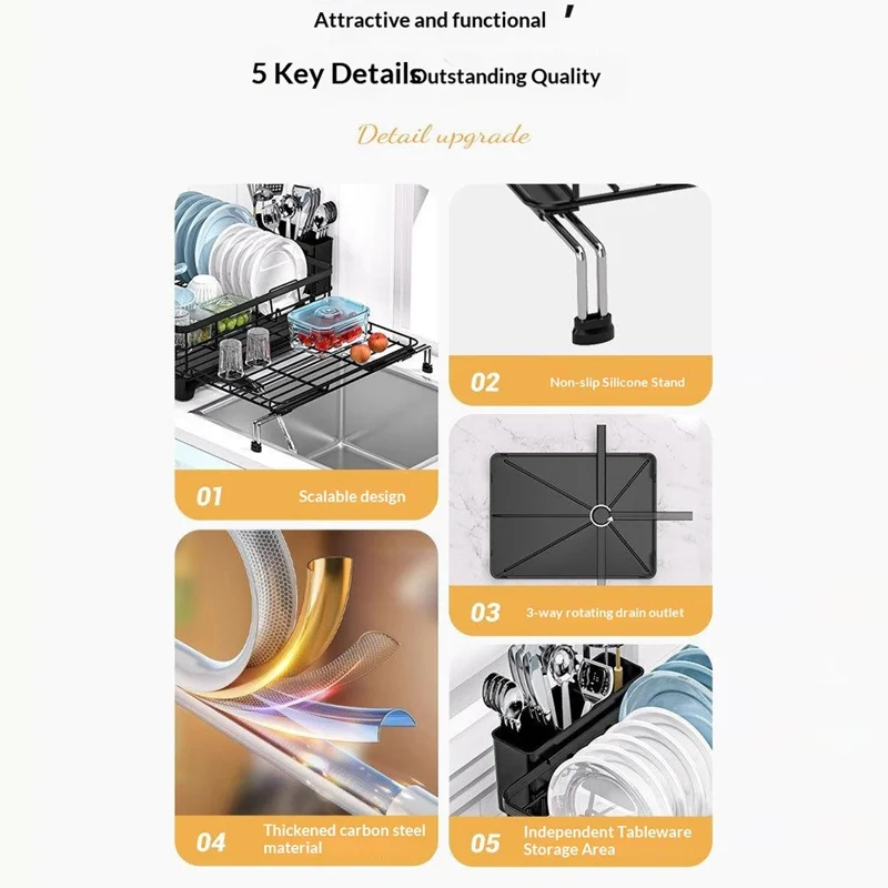 Carbon Steel Retractable Kitchen Dish Drainer Countertop Drain Rack Pull-Out Bowl Plate Organizer with Small Utensil Rack - Black