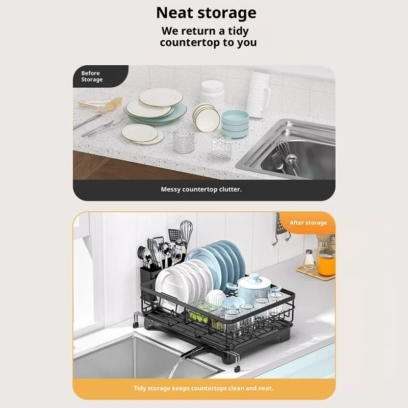 Carbon Steel Retractable Kitchen Dish Drainer Countertop Drain Rack Pull-Out Bowl Plate Organizer with Small Utensil Rack - Black