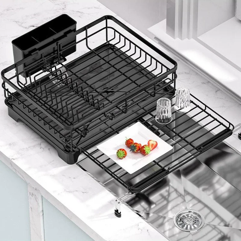Carbon Steel Retractable Kitchen Dish Drainer Countertop Drain Rack Pull-Out Bowl Plate Organizer with Small Utensil Rack - Black