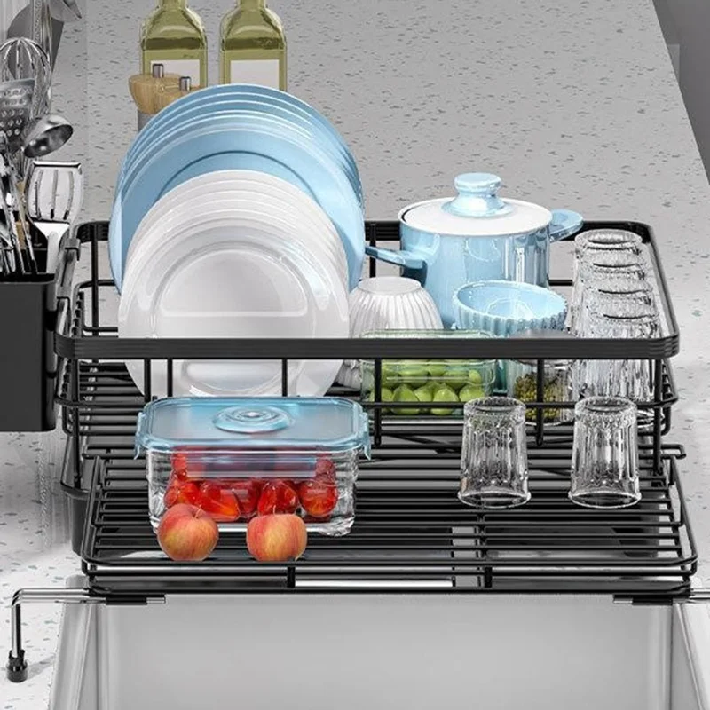 Carbon Steel Retractable Kitchen Dish Drainer Countertop Drain Rack Pull-Out Bowl Plate Organizer with Small Utensil Rack - Black