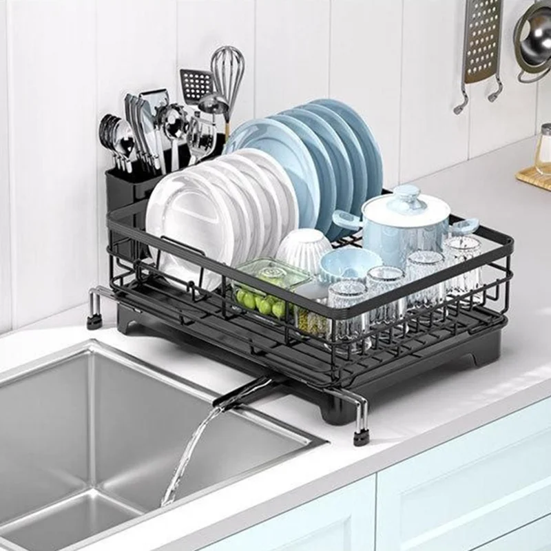 Carbon Steel Retractable Kitchen Dish Drainer Countertop Drain Rack Pull-Out Bowl Plate Organizer with Small Utensil Rack - Black