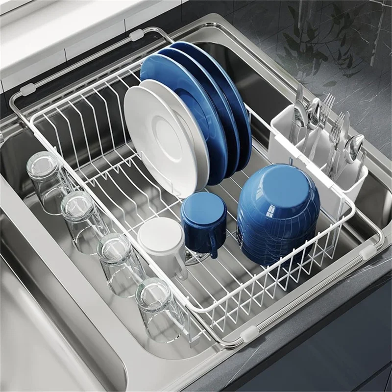 Expandable Sink Dish Drainer Rack with 4 Cup Holder Utensil Organizer Kitchen Countertop Bowl Plate Storage Shelf - Black