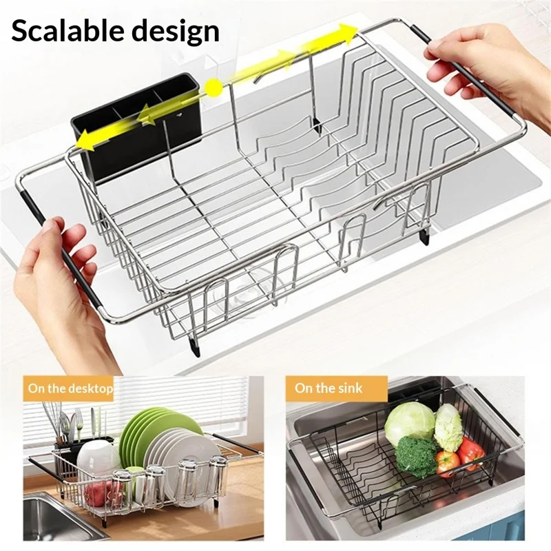 Expandable Sink Dish Drainer Rack with 4 Cup Holder Utensil Organizer Kitchen Countertop Bowl Plate Storage Shelf - Black