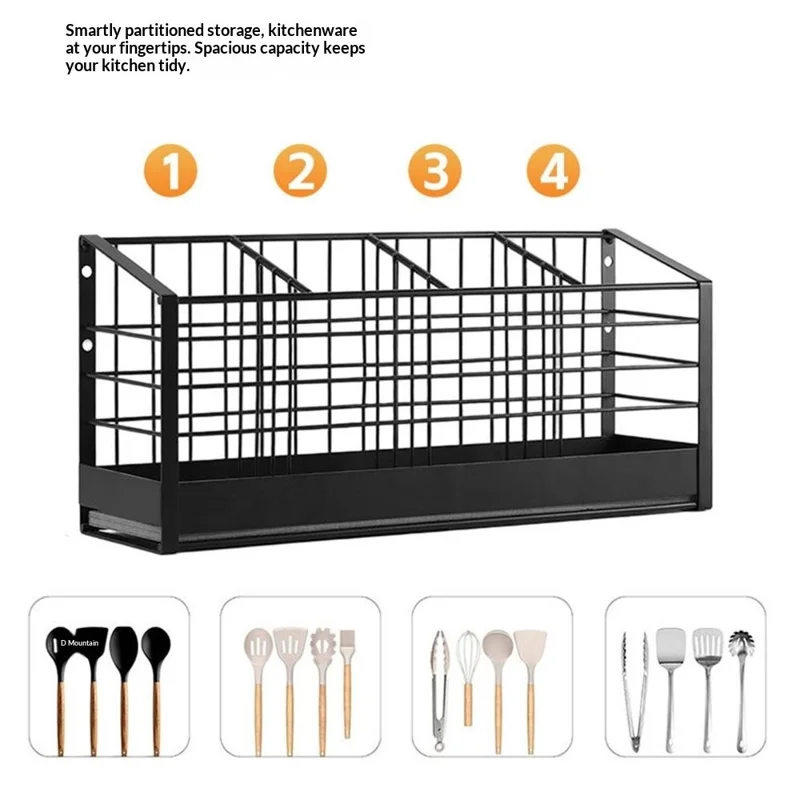 Porte-ustensiles de cuisine 4 compartiments Organiseur de comptoir Support mural pour égouttoir à couverts Porte-rangement