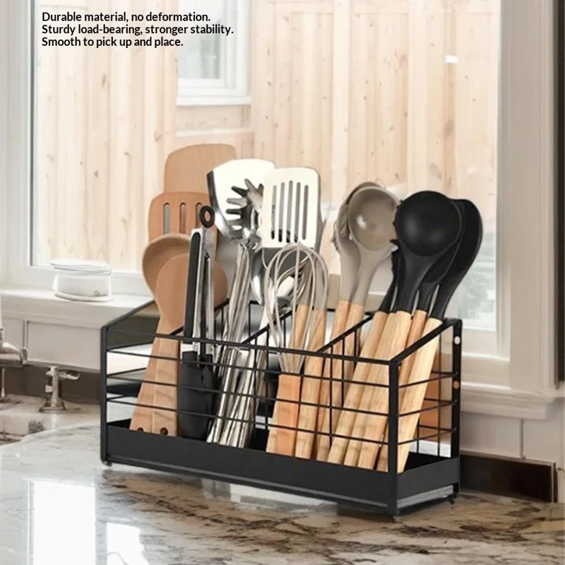 Porte-ustensiles de cuisine 4 compartiments Organiseur de comptoir Support mural pour égouttoir à couverts Porte-rangement