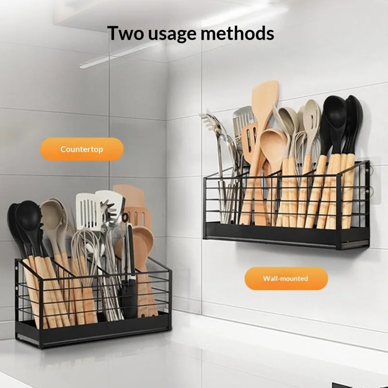Porte-ustensiles de cuisine 4 compartiments Organiseur de comptoir Support mural pour égouttoir à couverts Porte-rangement
