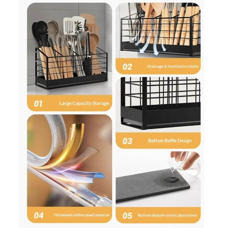 Porte-ustensiles de cuisine 4 compartiments Organiseur de comptoir Support mural pour égouttoir à couverts Porte-rangement