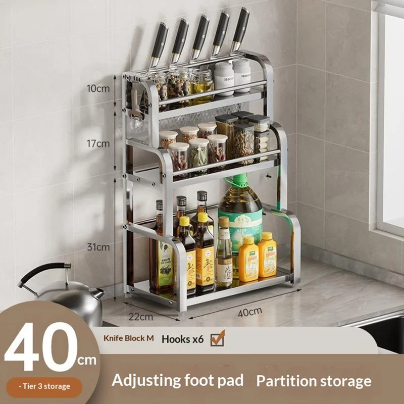 40 cm 3-lagiger Edelstahl Küchen-Arbeitsplatten Gewürzregal Messerhalter mit abnehmbaren Haken - Helle Farbe