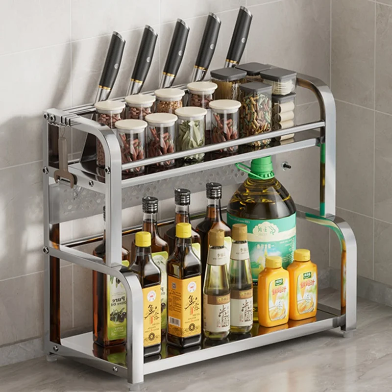 50 cm rostfritt stål kökshylla 2-lagers knivhållare med avtagbara krokar - Ljus färg