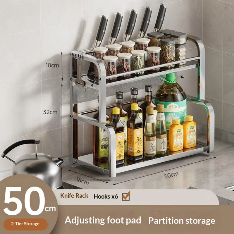 50 cm rostfritt stål kökshylla 2-lagers knivhållare med avtagbara krokar - Ljus färg