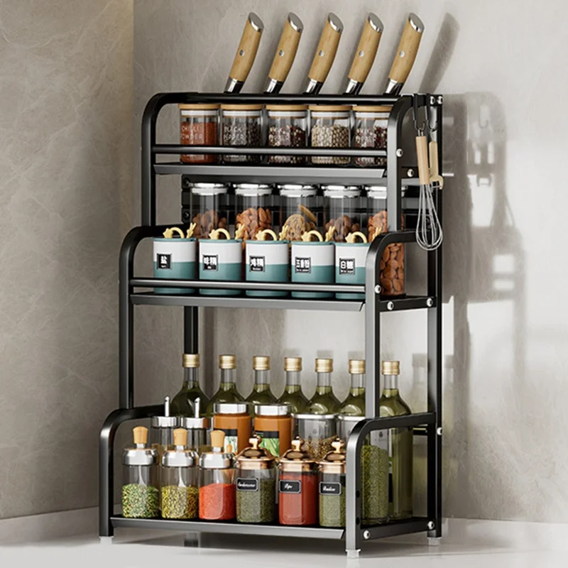 40cm 3 Layer Carbon Steel Kitchen Spice Storage Rack Countertop Organizer with Removable Hooks Knife Holder