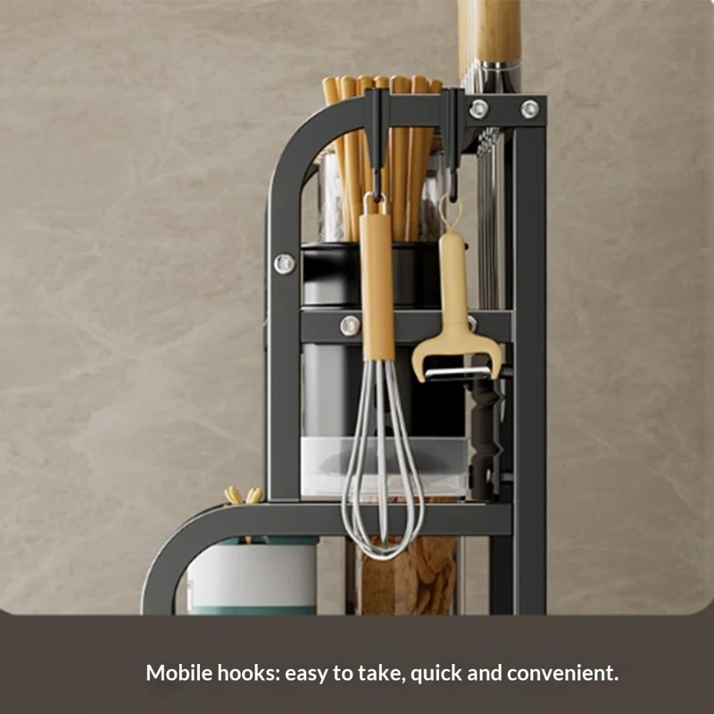 40cm 3 Layer Carbon Steel Kitchen Spice Storage Rack Countertop Organizer with Removable Hooks Knife Holder