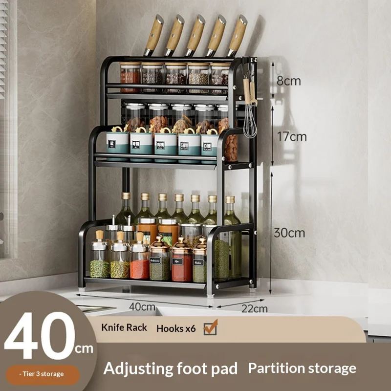 40cm 3 Layer Carbon Steel Kitchen Spice Storage Rack Countertop Organizer with Removable Hooks Knife Holder