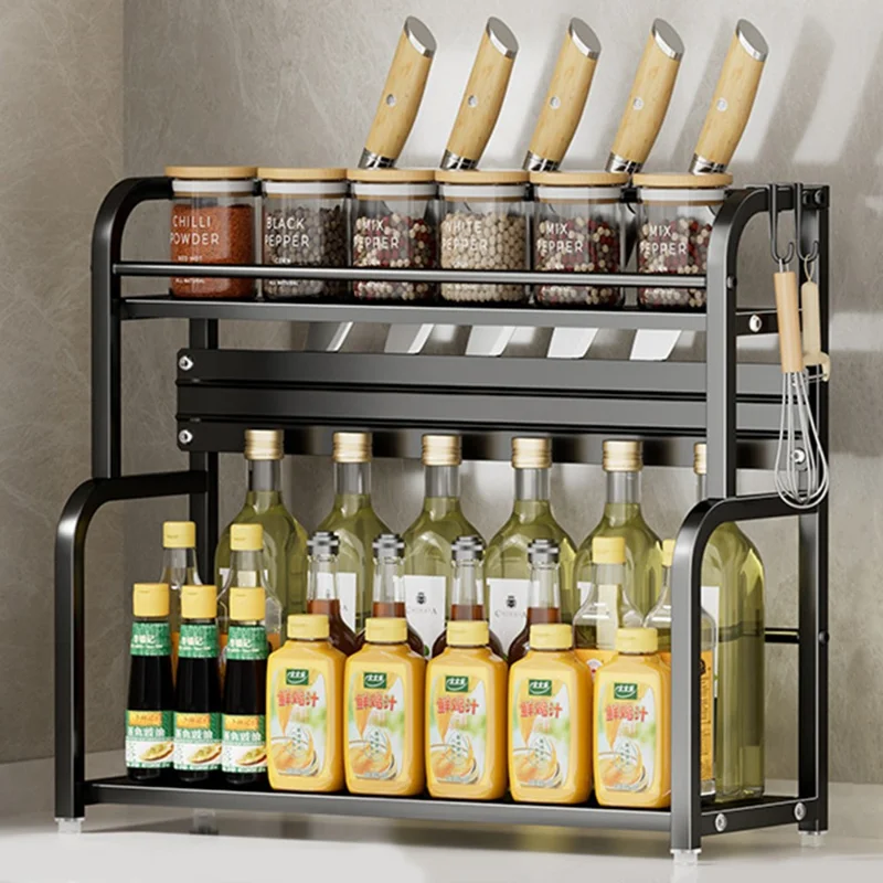 Carbon Steel Kitchen Countertop Organizer Knife Holder 3 Layer 40cm Spice Rack with Removable Hooks