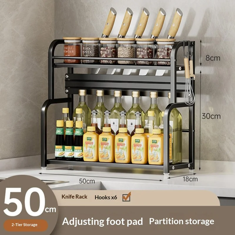 Carbon Steel Kitchen Countertop Organizer Knife Holder 3 Layer 40cm Spice Rack with Removable Hooks