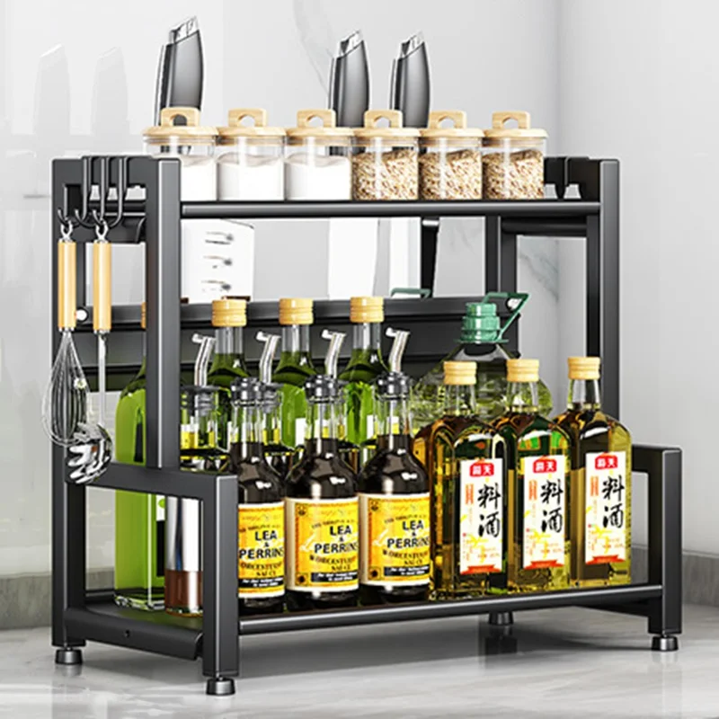Carbon Steel 40cm Kitchen Storage Rack 2 Layer Seasoning Organizer Countertop Knife Shelf with Hook