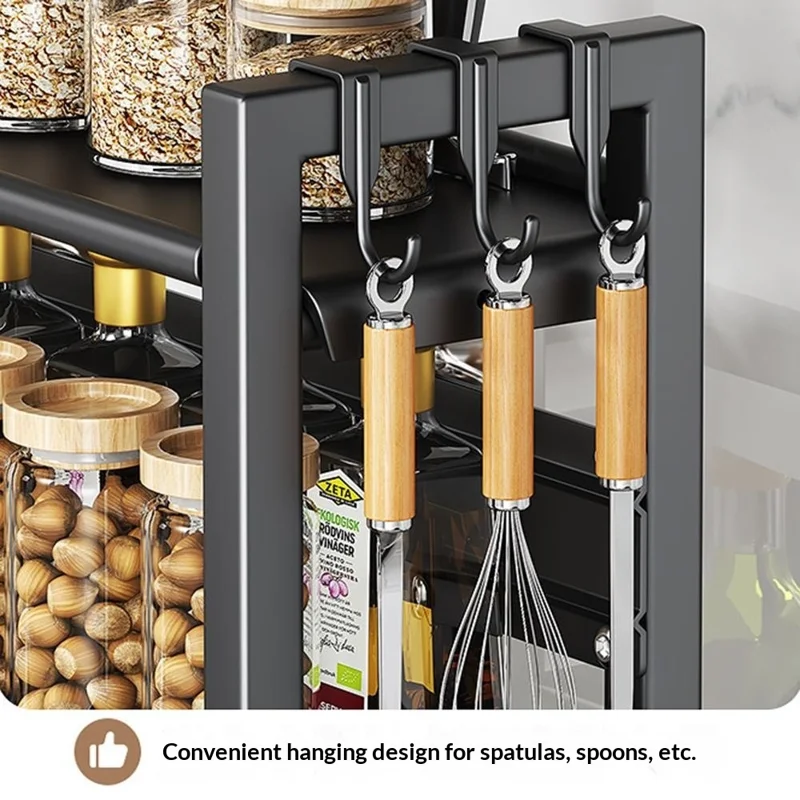 Carbon Steel 40cm Kitchen Storage Rack 2 Layer Seasoning Organizer Countertop Knife Shelf with Hook