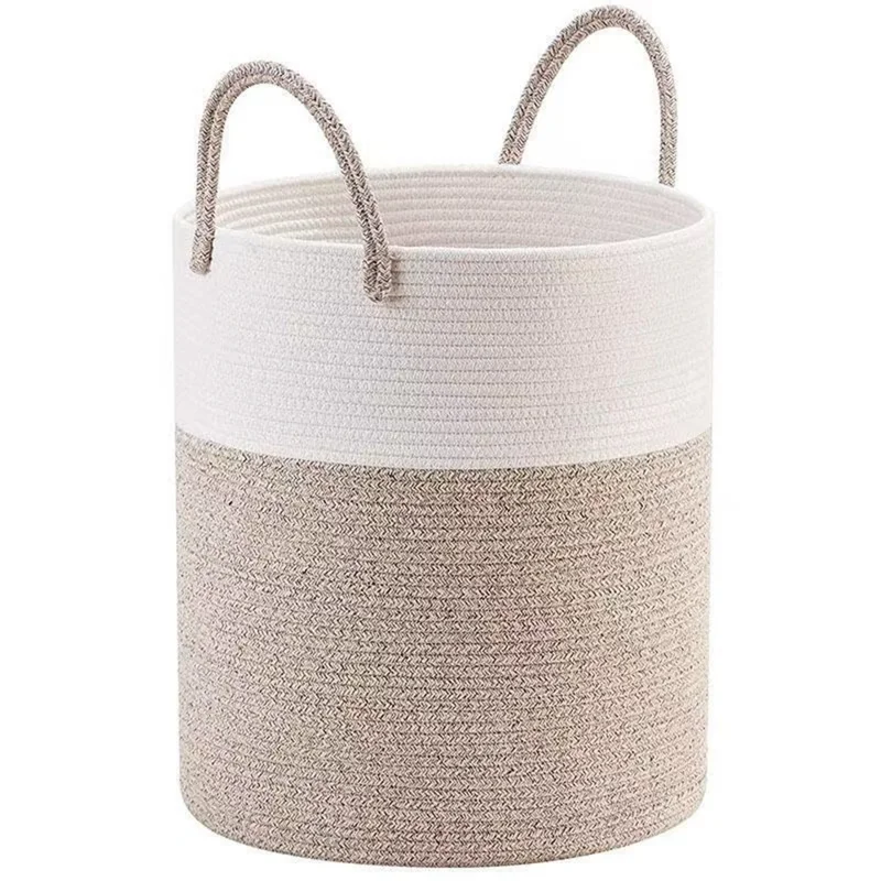 Cotton Rope Woven Storage Bucket Large Capacity Laundry Hamper Handheld Storage Basket for Clothes Toys - White with Speckled Brown