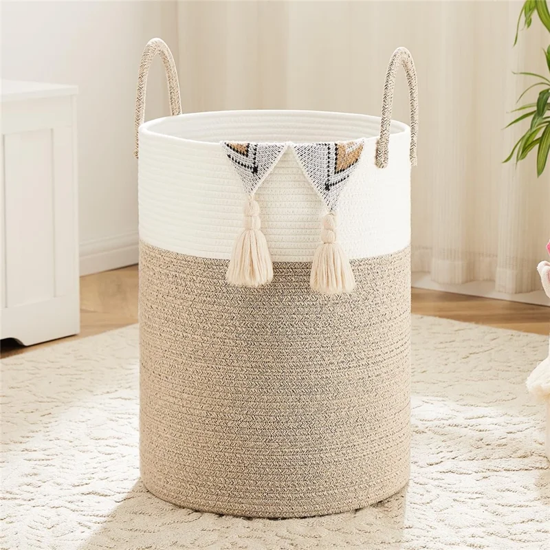 Cotton Rope Woven Storage Bucket Large Capacity Laundry Hamper Handheld Storage Basket for Clothes Toys - White with Speckled Brown