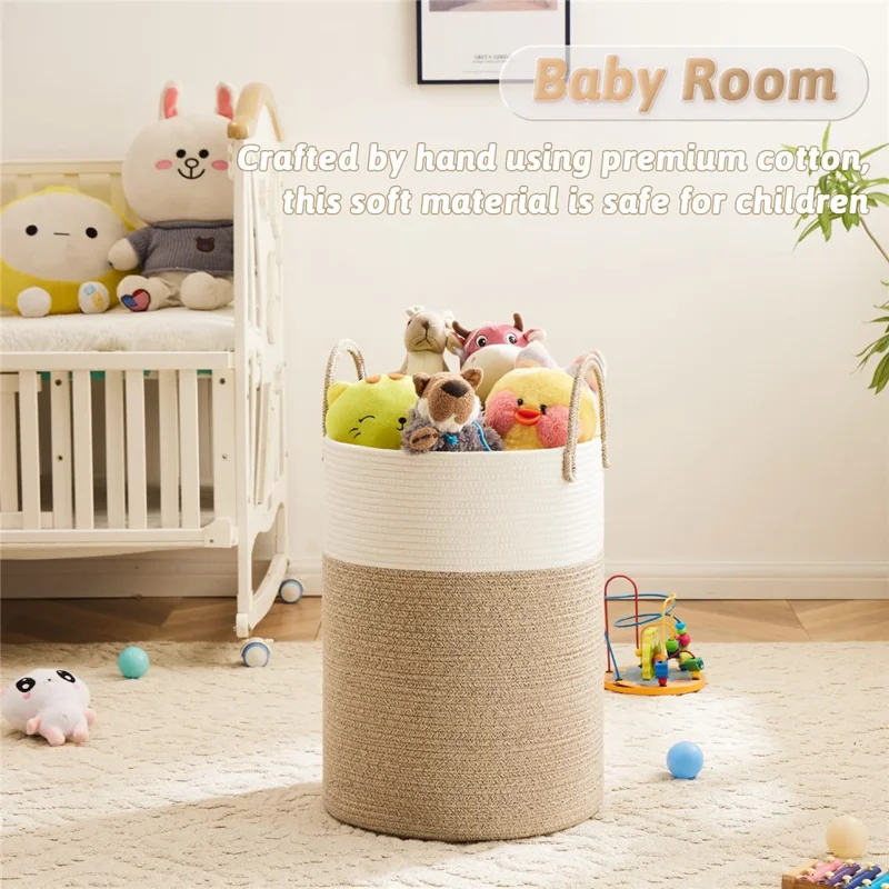 Cotton Rope Woven Storage Bucket Large Capacity Laundry Hamper Handheld Storage Basket for Clothes Toys - White with Speckled Brown