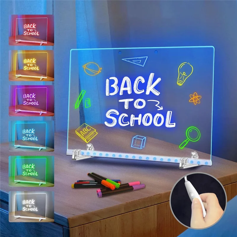Placa de Desenho DIY com Luz RGB de 35 x 25 cm para Crianças com Controlo por Botão, Quadro de Escrita em Acrílico Apagável, Presente