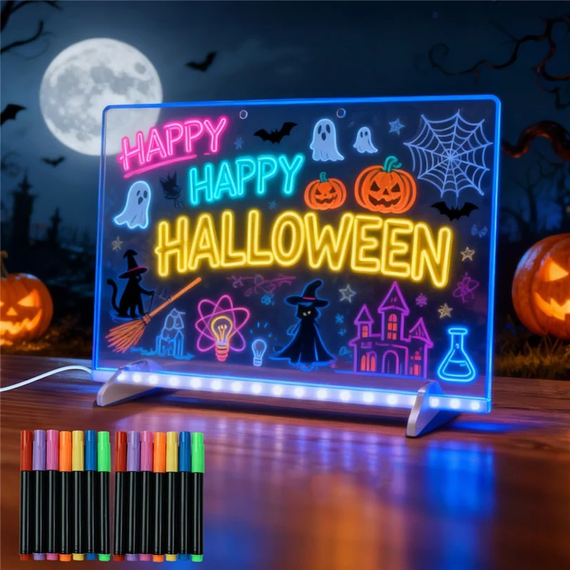 Placa de Desenho DIY com Luz RGB de 35 x 25 cm para Crianças com Controlo por Botão, Quadro de Escrita em Acrílico Apagável, Presente