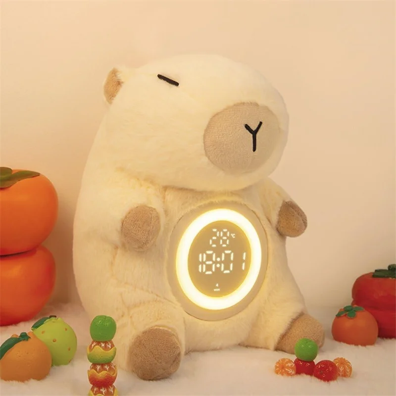 Lampe de chevet mignonne en forme de capybara, jouet en peluche avec réveil et veilleuse, idée cadeau d'anniversaire
