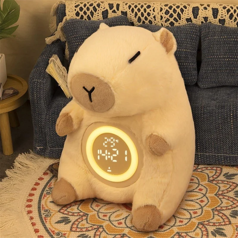 Lampe de chevet mignonne en forme de capybara, jouet en peluche avec réveil et veilleuse, idée cadeau d'anniversaire