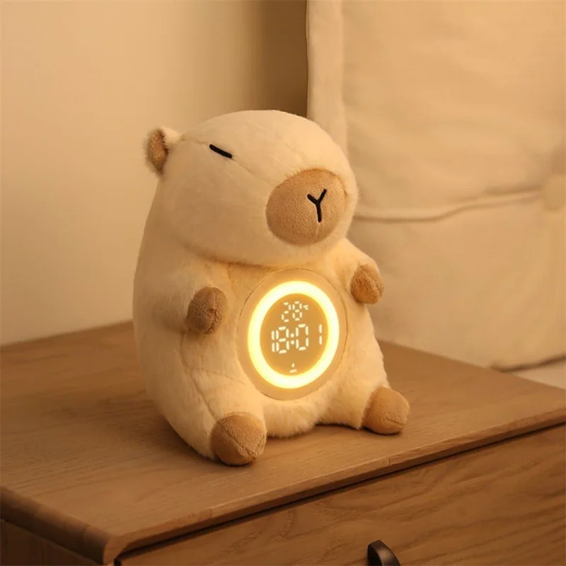Lampe de chevet mignonne en forme de capybara, jouet en peluche avec réveil et veilleuse, idée cadeau d'anniversaire