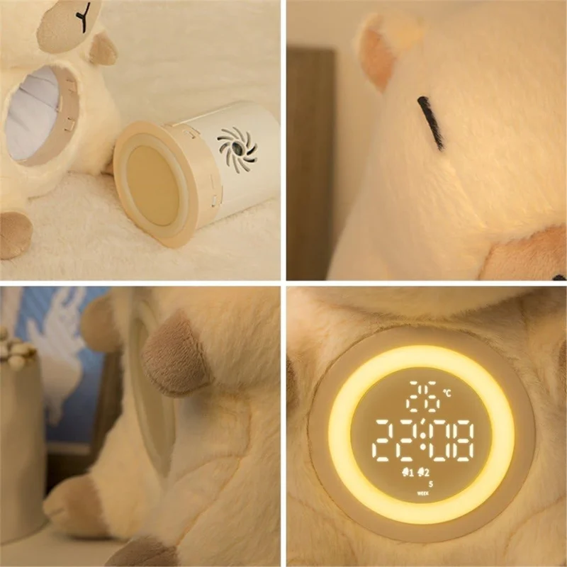 Lampe de chevet mignonne en forme de capybara, jouet en peluche avec réveil et veilleuse, idée cadeau d'anniversaire