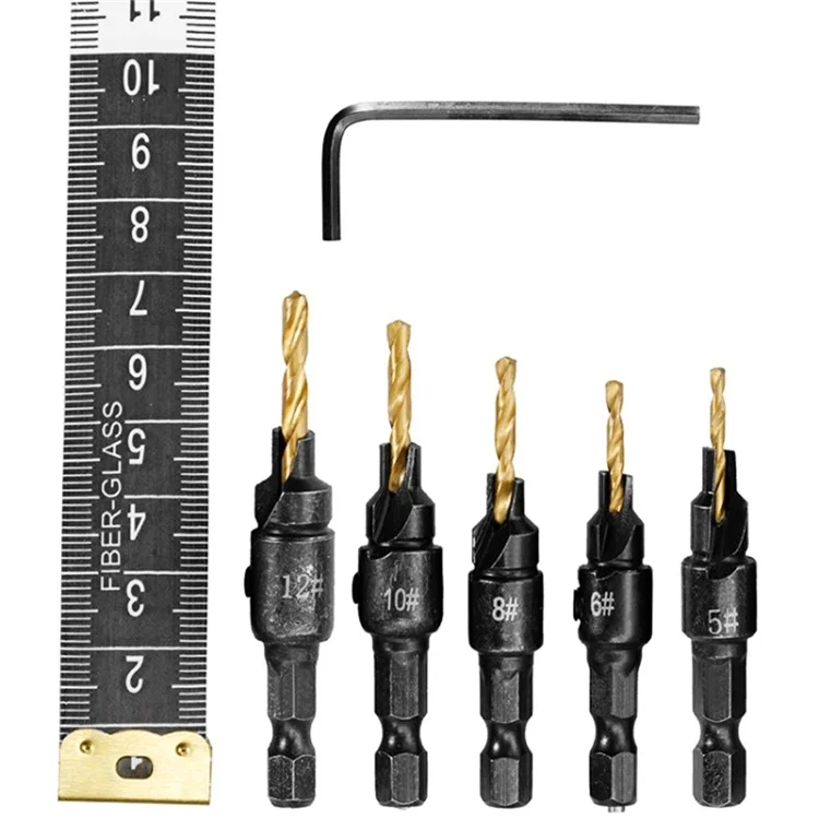 5PCS Countersink Woodworking Drill Bit Set Hexagon Screw Hardware Tool (5 Drills + 1 Wrench) - Gold