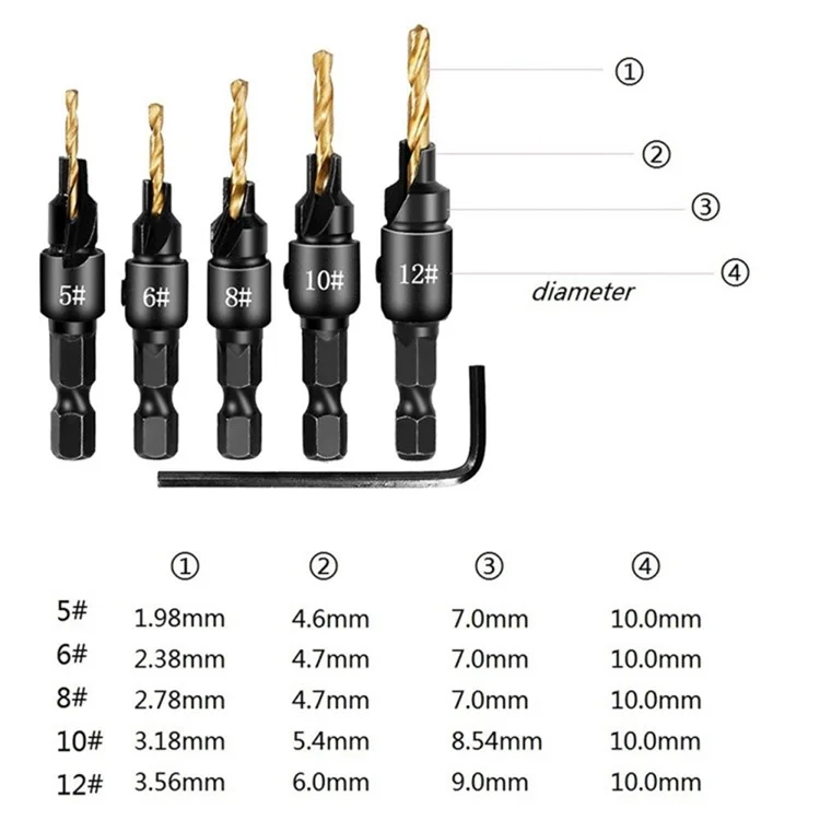 5 Pcs Controspetting Bit di Perforazione in Legno Impostare Strumento Hardware a Vite Esagonale (5 Trapani + 1 Chiave) - Oro