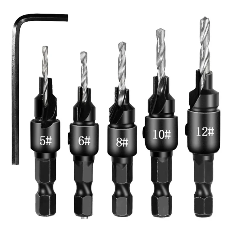 5pcs Contartersink Woodworking Drill Bit Bit Set Ferramenta de Hardware Para Parafuso (5 Exercícios + 1 Chaveiro) - Prata