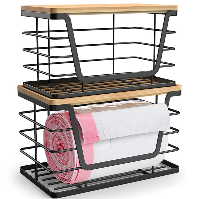 2 шт. / комплект, стопка органайзеров для кухонной стойки, диспенсер для мусорных пакетов с бамбуковой крышкой, настенный контейнер для фруктов и овощей