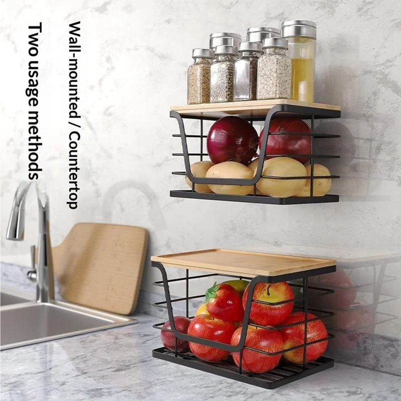 2 шт. / комплект, стопка органайзеров для кухонной стойки, диспенсер для мусорных пакетов с бамбуковой крышкой, настенный контейнер для фруктов и овощей