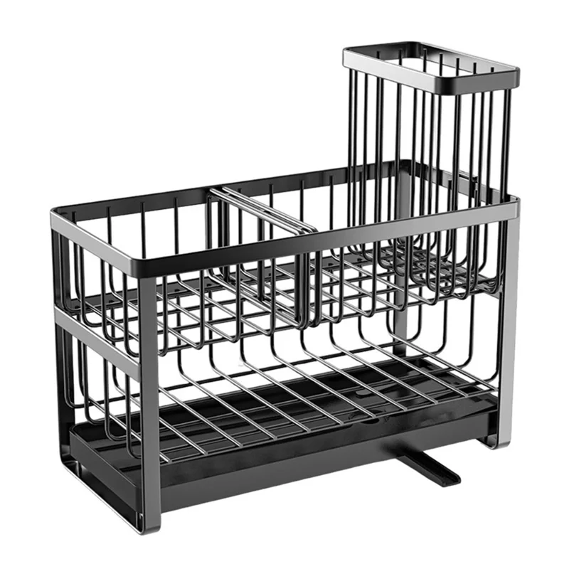 Dual Layer Sink Organizer for Sponges Brushes Soap Dispensers Carbon Steel Draining Rack with Detachable Brush Holder