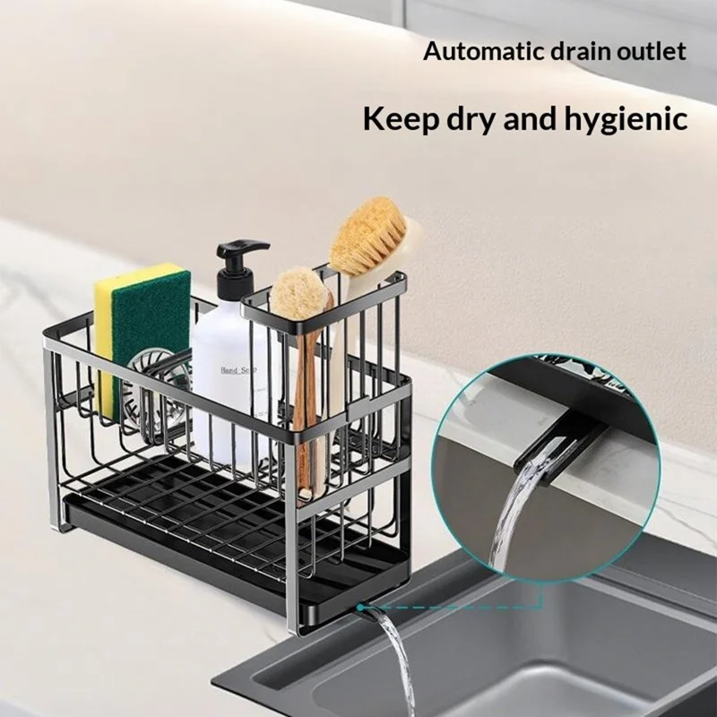 Dual Layer Sink Organizer for Sponges Brushes Soap Dispensers Carbon Steel Draining Rack with Detachable Brush Holder