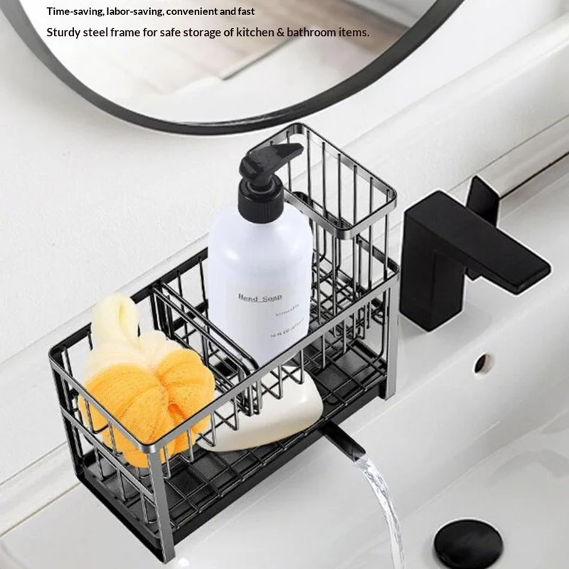 Dual Layer Sink Organizer for Sponges Brushes Soap Dispensers Carbon Steel Draining Rack with Detachable Brush Holder
